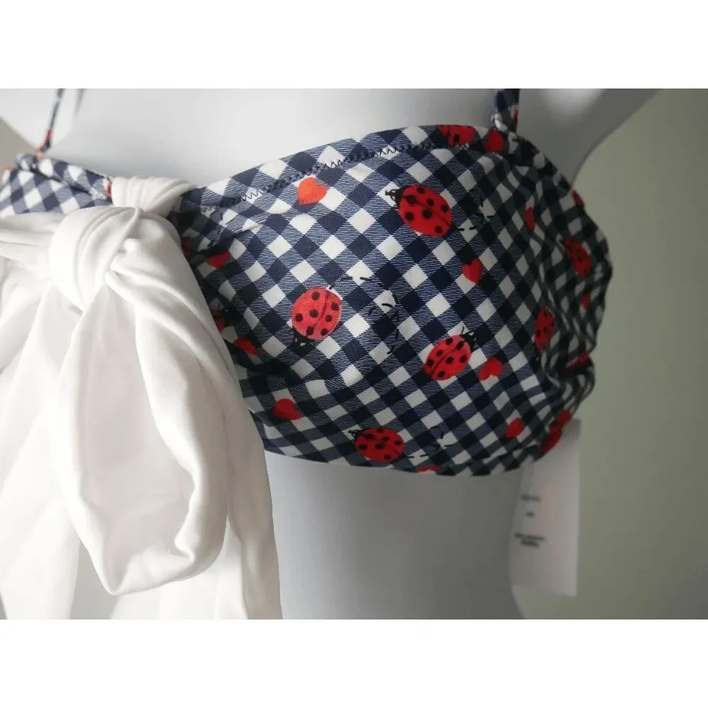Unique Vintage Navy Gingham Ladybug Bikini Top L Swim Retro Pin-Up